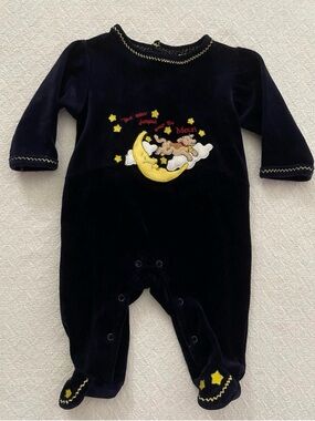 Mary Engelbreit Vintage Navy Velvet Footie with Moon and Stars Embroidery